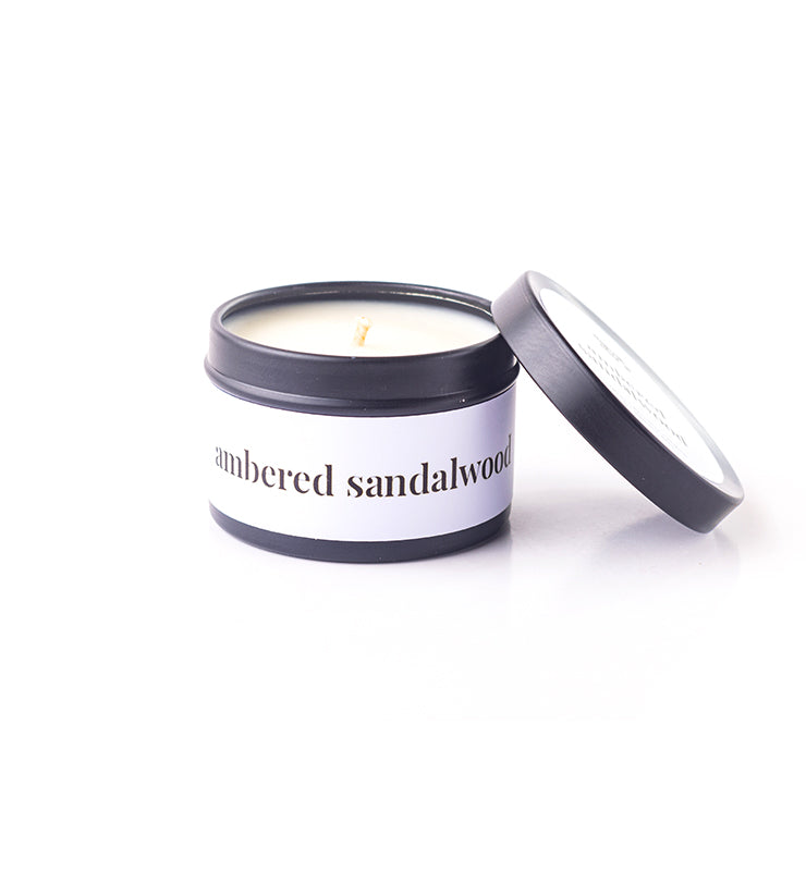Happy Island Ambered Sandalwood Soy Candle: Travel Tin 2oz/55g