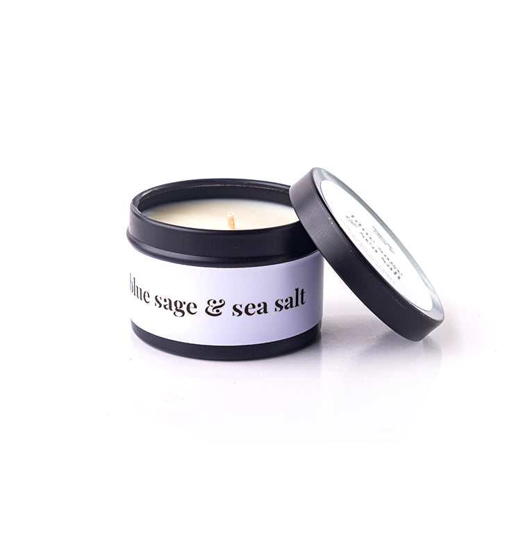 Happy Island Blue Sage & Sea Salt Soy Candle: Travel Tin 2oz/55g