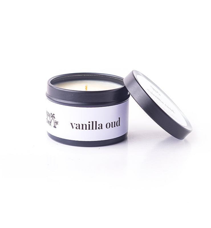 Happy Island Vanilla Oud Soy Candle: Travel Tin 2oz/55g
