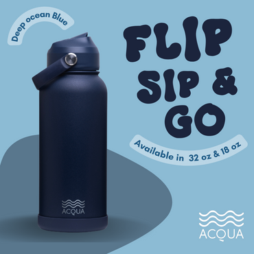 Acqua Flip Sip & Go! Double Wall Insulated Stainless Steel Water Bottle: Deep Ocean Blue