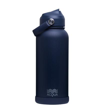 Acqua Flip Sip & Go! Double Wall Insulated Stainless Steel Water Bottle: Deep Ocean Blue