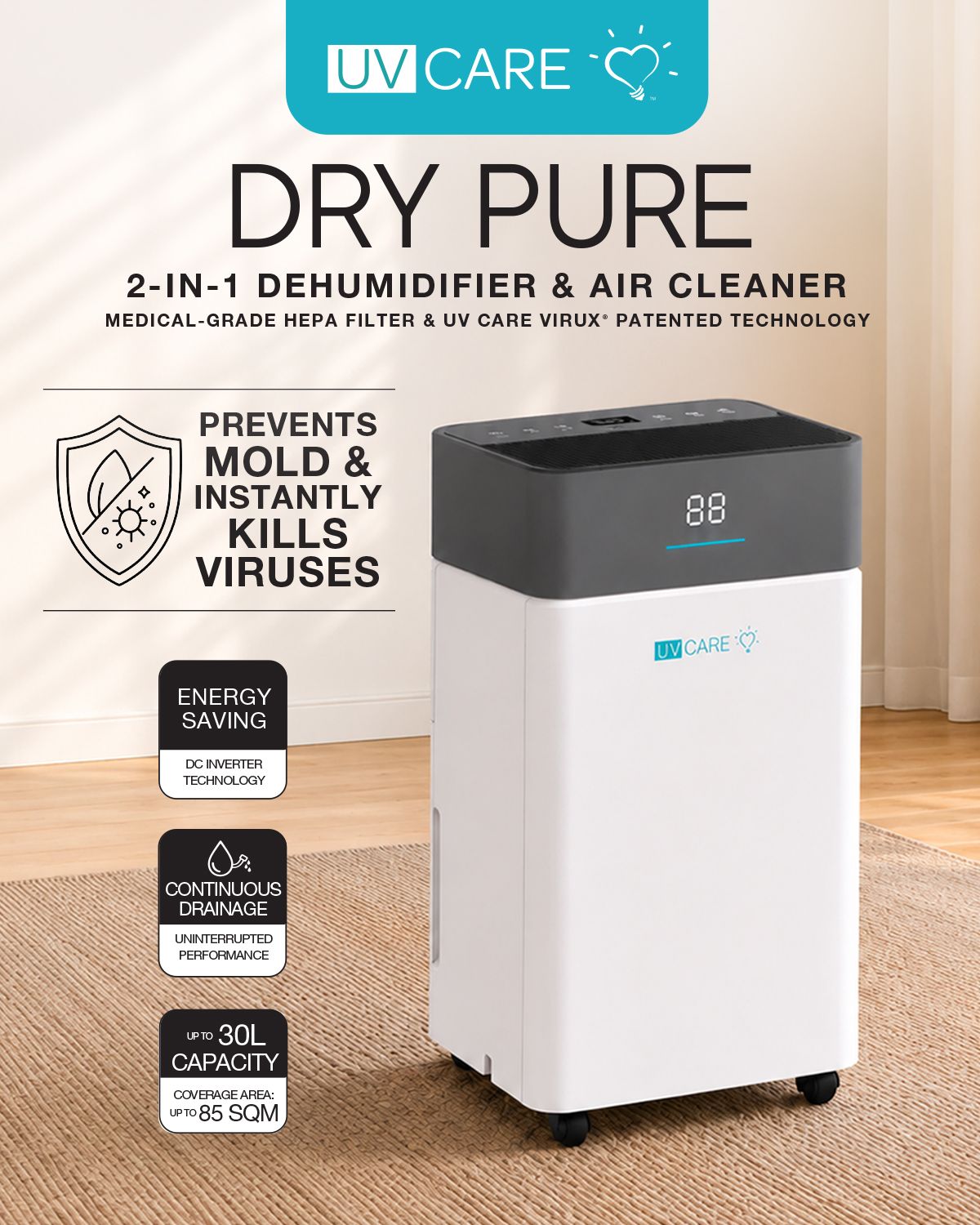 UV Care Dry Pure Dehumidifier & Air Cleaner: 30L (Pre-Order / Unit Not On Hand - Fulfillment after 30 Days)